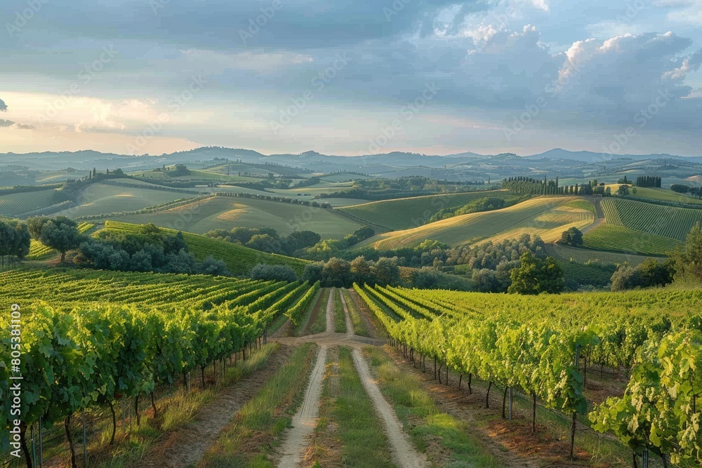 Obraz premium Dirt road winding through a vibrant vineyard with lush green vines