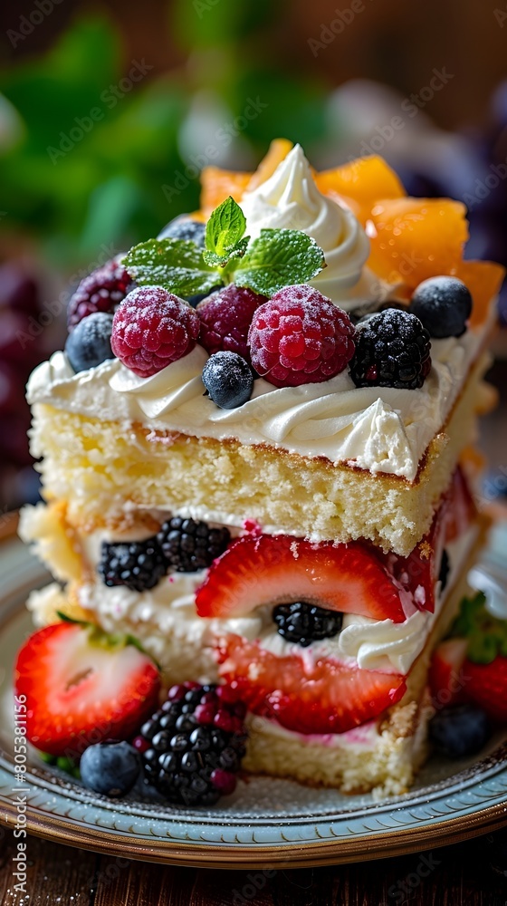 Delectable Slice of Cake with Vibrant Fruit and Whipped Cream Topping Delectable Slice of Cake with Vibrant Fruit and Whipped Cream Topping
