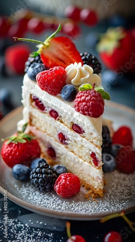 Delectable Slice of Layered Cake with Fresh Fruit and Creamy Topping