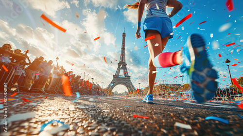 Female Runner Racing Past Eiffel Tower During Olympic Games