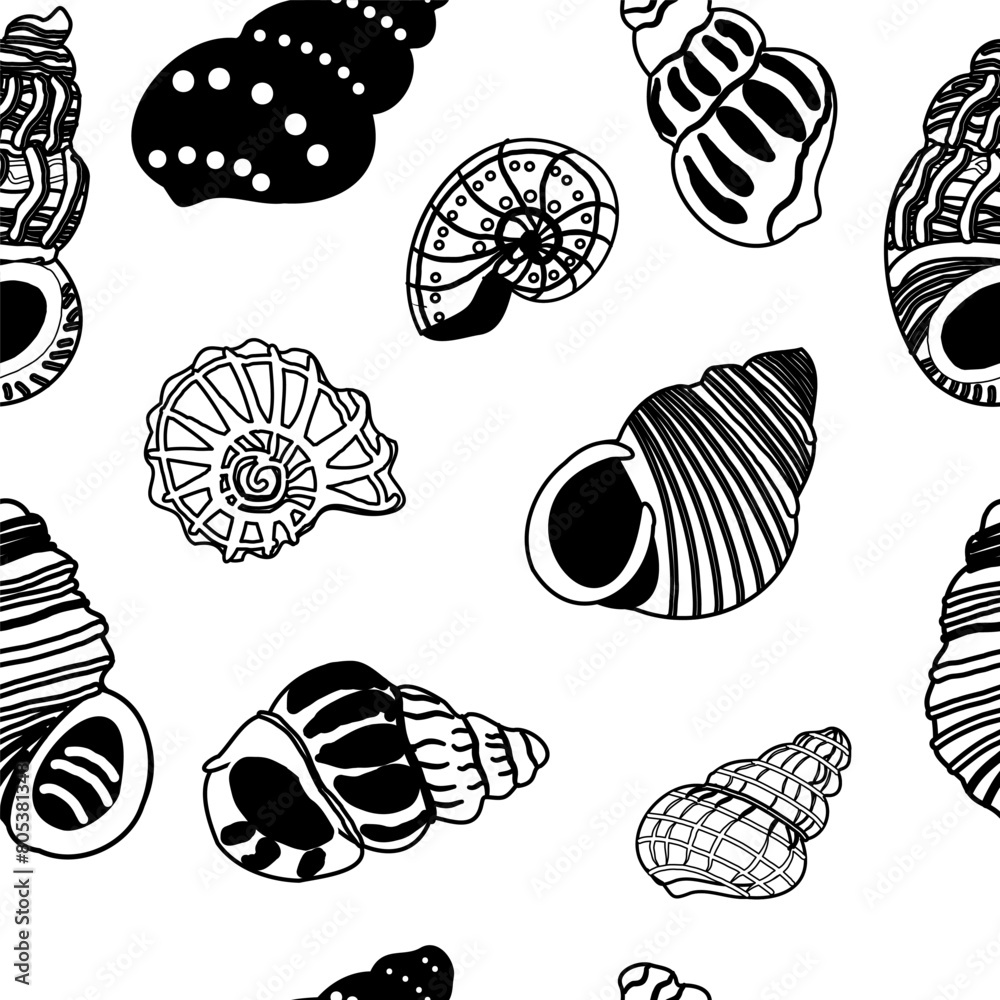 Seamless pattern with black and white hand-drawn shells in doodle style. Seamless pattern with black and white hand-drawn shells in doodle style.