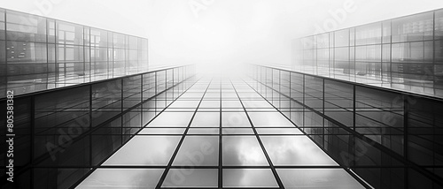 Symmetrical View of a Foggy Glass Building in High Contrast Monochrome