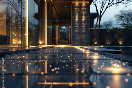 An image capturing the essence of luxury living, where the path to a modern villa is lined with small, discreet lights that illuminate the way, 