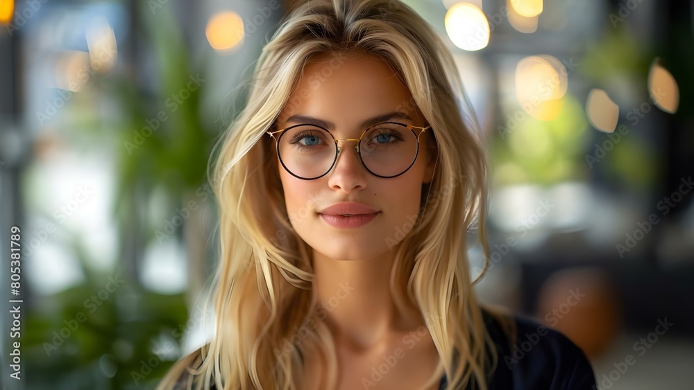Confident young blonde businesswoman in close-up portrait wearing glasses indoors. Concept Professional Headshot, Business Attire, Confidence, Indoor Portrait, Blonde Woman