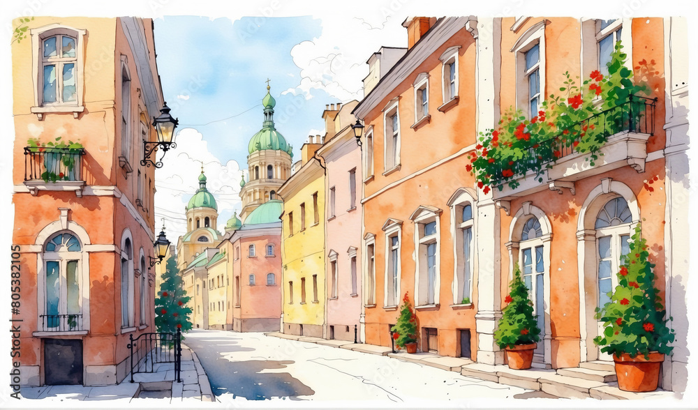 Fototapeta premium Houses of the old European city, summer landscape. Watercolor sketch of St. Petersburg