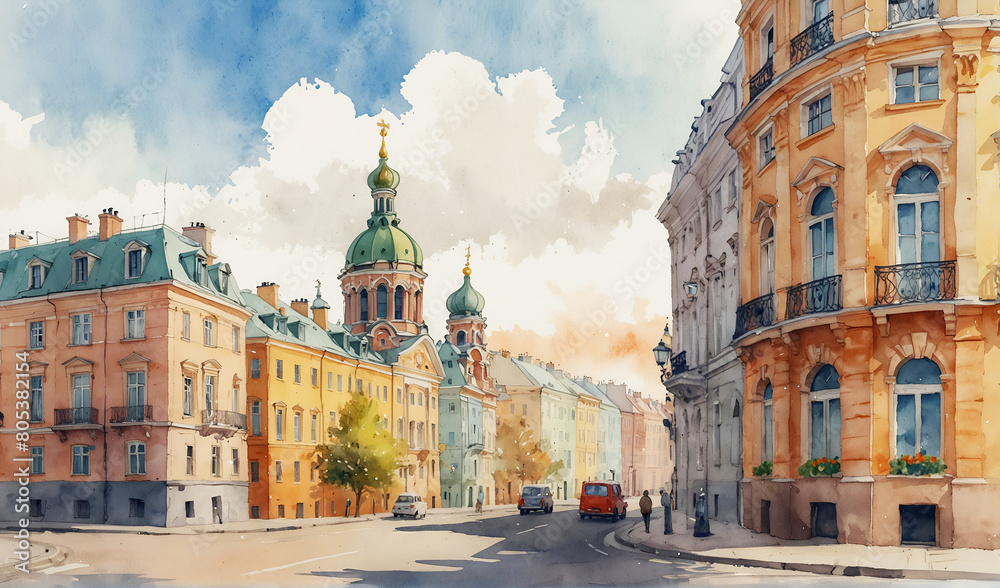 Houses of the old European city, summer landscape. Watercolor sketch of St. Petersburg