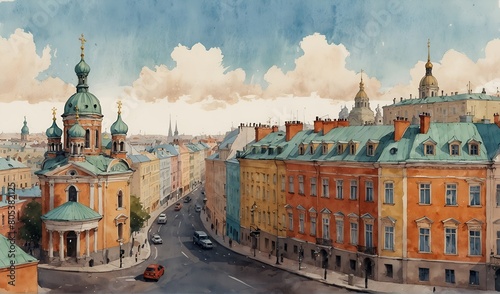 Houses of the old European city, summer landscape. Watercolor sketch of St. Petersburg photo