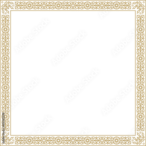 Vector gold square Yakut ornament. An endless rectangular border, a frame of the northern peoples of the Far East.