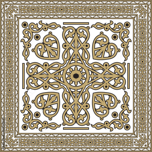 Vector golden and black square Yakut ornament. An endless rectangular border, a frame of the northern peoples of the Far East.