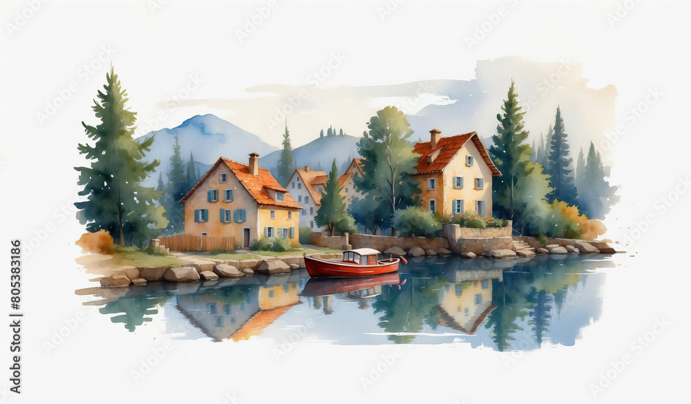 Fototapeta premium Houses with boats above the river are a landmark of the old European city, a spring landscape. Watercolor sketch