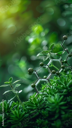 Biology laboratory nature and science, Plants with biochemistry structure and chemical formula on green background #805383125