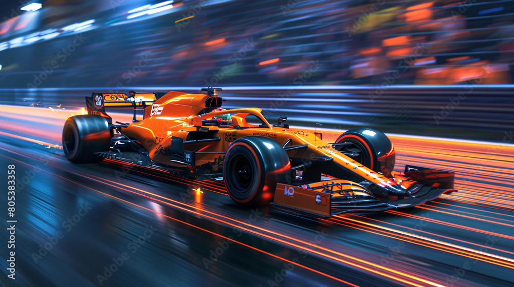 Orange Formula One Car Racing at High Speed with Blurred Light Trails
