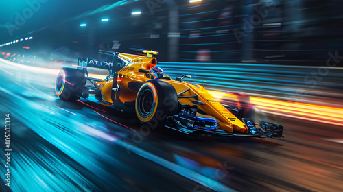 Speeding Yellow Formula One Car with Dynamic Light Streaks on Race Track