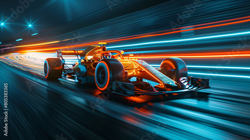 Formula One Orange Car Racing at High Speed with Vibrant Neon Light Streaks