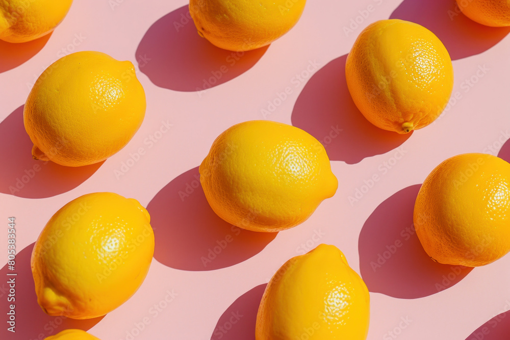 Circle of Fresh Lemons Arranged on Pink Surface with Bright Yellow Background for Summer Fruit Concept or Juice Ingredient Circle of Fresh Lemons Arranged on Pink Surface with Bright Yellow Background for Summer Fruit Concept or Juice Ingredient