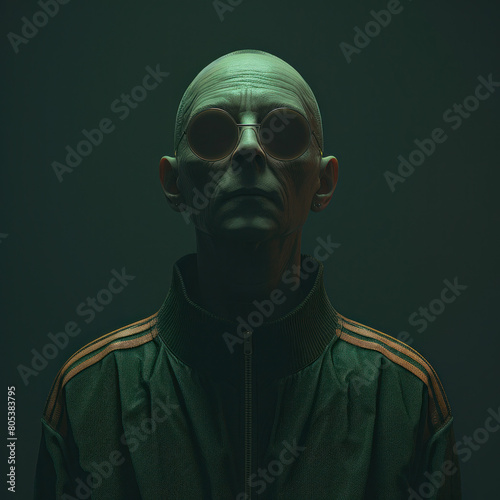 Bald man in sunglasses and adidas tracksuit posing against dark background photo