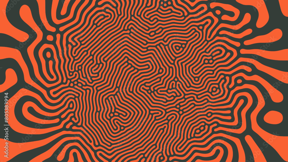 Psychedelic Acid Trip Vector Unusual Creative Black Orange Colors Abstract Background. Radial Crazy Structure Bizarre Abstraction Wide Wallpaper. Mushroom Hallucination Effect Trippy Art Illustration