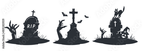 Halloween graves. Spooky grave stones with zombie hands and bats, Halloween monster zombie scrawny hand sticking out from gravestone silhouette flat vector illustration set. Creepy Halloween posters photo