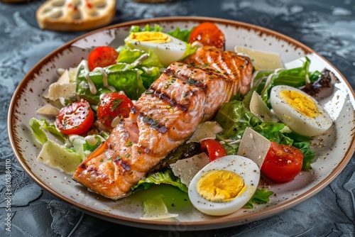 Caesar Salad with Grilled Salmon, Red Fish Fillet Salat, Quail Egg, Mini Baguette Crackers
