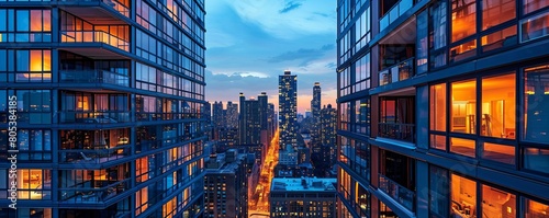 The photo shows a view of a city street with skyscrapers on both sides. The buildings are made of glass and steel, and they are reflecting the sunlight.