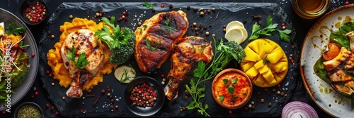 Meat Buffet with Fish, Chicken Tikka Masala, Mango Chutney, Quince Veal, Grilled Dorado, Teriyaki Turkey photo