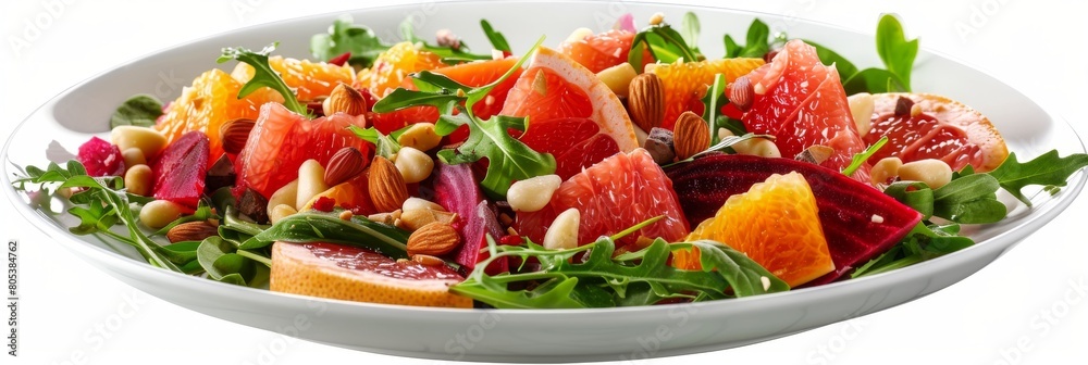 Grapefruit, Pine Nuts, Salad with Arugula Garnish, Beets. Fruits, Nuts and Vegetables Salat Isolated Grapefruit, Pine Nuts, Salad with Arugula Garnish, Beets. Fruits, Nuts and Vegetables Salat Isolated