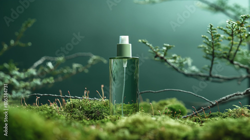 A bottle of green color skincare, placed in front of moss and branches. The background is dark green, with a sense of space and texture.