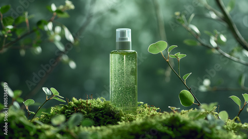 A bottle of green color skincare, placed in front of moss and branches. The background is dark green, with a sense of space and texture.