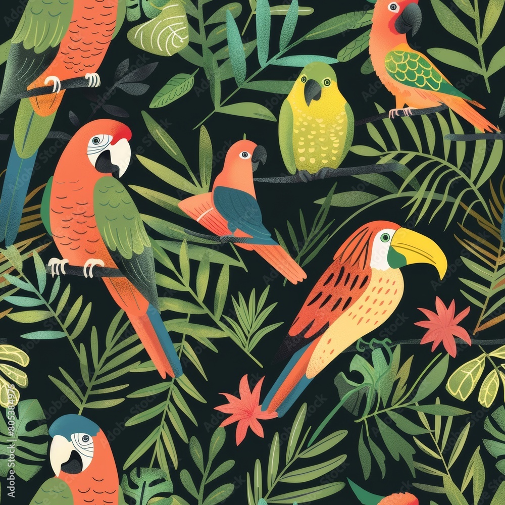 a repeating pattern design, Stylized birds, including parrots and smaller bird species, are depicted a repeating pattern design, Stylized birds, including parrots and smaller bird species, are depicted