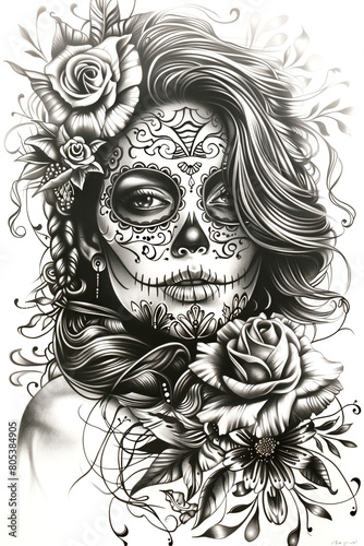 Illustration on white background. Day of the Dead. Vintage. Girl and flowers. Black and white. ai generated