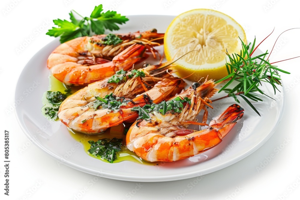 Skewered Tiger Prawns, Grilled King Shrimps, Prawns Fried with Garlic, Herbs, Spices, Lime and Greens Skewered Tiger Prawns, Grilled King Shrimps, Prawns Fried with Garlic, Herbs, Spices, Lime and Greens