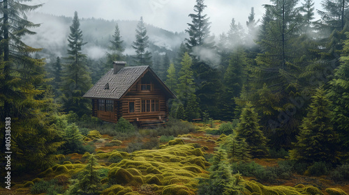 An idyllic wooden lodge amidst a dense pine forest, with the ground covered in a layer of soft, green moss. 