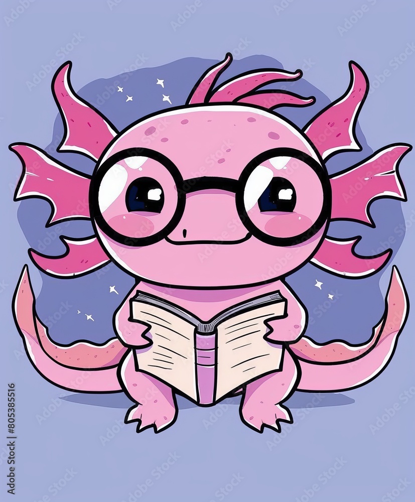 a cute cartoon axolotl character with large, round glasses reading a book, in a kawaii style