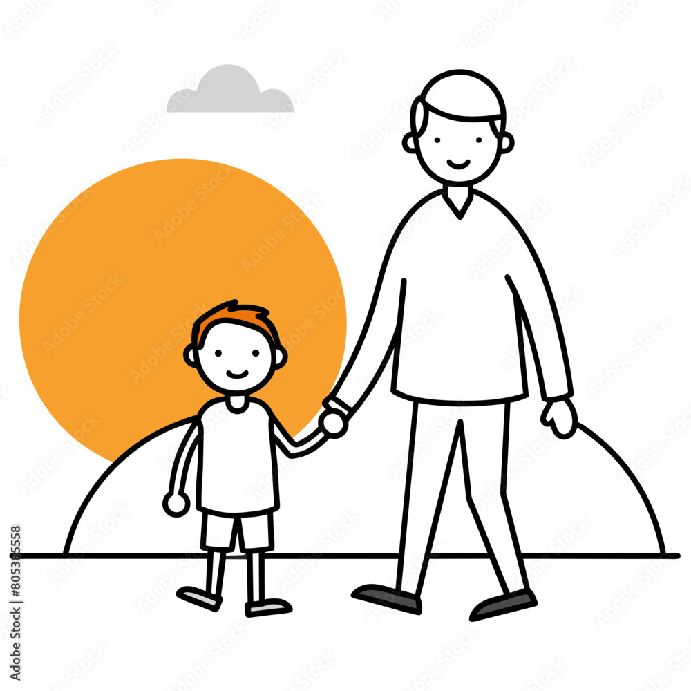 A minimalist line art illustration of a father holding a child's hand, walking towards a sunset.