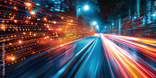 Dynamic Digital Data Streams Flowing on a City Road at Night