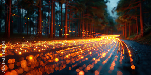 Digital Data Flow on Forest Road with Vibrant Motion Blur