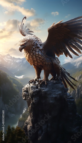 Craft a mesmerizing image of a griffin perched on a cliff overlooking a mystical valley, showcasing dynamic lighting effects in CG 3D rendering