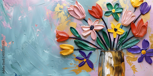 Impressionist Floral Delight: Vibrant Tulips and Daisies Emerging from an Abstract Colorful Background #805385569