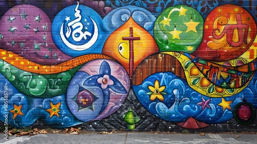 Vibrant Mural of Religious Coexistence - Artistic Expression of Unity