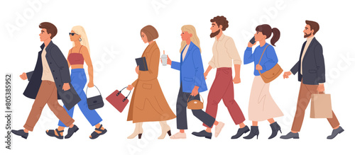 Walking people group. Men and women walking, going to office or shopping, student, businessman or tourists walk flat vector illustration set. Pedestrians walk together