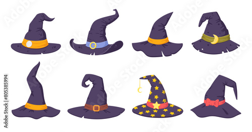Wizard spooky hats. Halloween witch hats, Halloween party costume elements flat vector illustrations set. Cartoon witchcraft hats collection