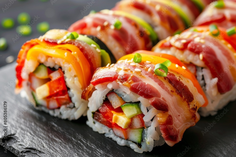 Rainbow Uramaki Sushi Rolls, Fusion Maki Sushi with Rice, Bacon, Processed Cheese, Tomato Rainbow Uramaki Sushi Rolls, Fusion Maki Sushi with Rice, Bacon, Processed Cheese, Tomato
