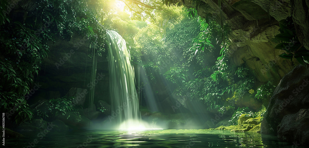 An expansive view of a tranquil waterfall flowing through a verdant rainforest. Sunlight filters through the canopy, illuminating the myriad shades of green and the shimmering water, 