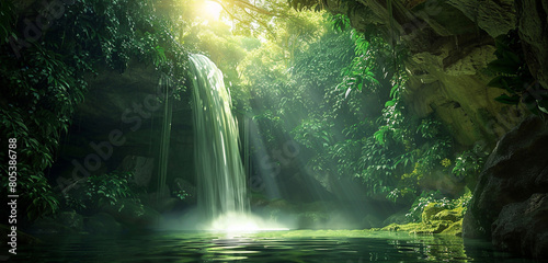 An expansive view of a tranquil waterfall flowing through a verdant rainforest. Sunlight filters through the canopy, illuminating the myriad shades of green and the shimmering water,  photo