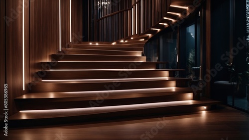 Modern Residential Dark Wooden Stairs with LED Illumination Close Up Photo. Stairs Light. 8k  