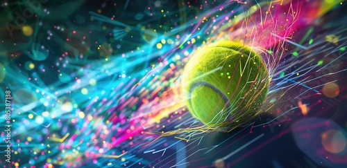 Vibrant tennis ball in motion, surrounded by colorful energy and abstract shapes on a dark background with neon lights. © Viktor