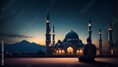 Mosque landscape with praying muslim silhouette vector illustration. Landscape ramadan design graphic in muslim culture and islam religion. Background of mosque at night for Islamic wallpaper design photo