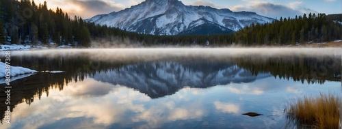 Mountain Majesty  Snowy Range Framing a Tranquil Lake  Clouds Stretching Across the Sky.