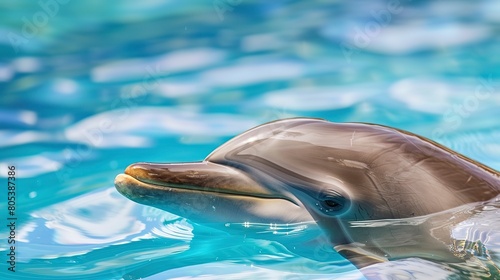 Dolphin during a training session  close-up of the face above water  crisp lighting  clear blue background 