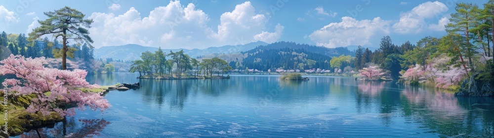 Fototapeta premium View of the land of cherry blossoms. Travel background.
